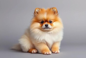 A fluffy pomeranian puppy sits, paws tucked, against a gray backdrop,  pet photography,  small dog