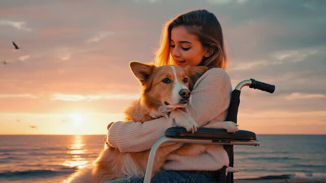 The woman holds her dog tightly, looks into distance. Birds fly over the sea at sunset. Warm sweater, soft golden light, cinematic shot. Camera slowly moves side to side, showing emotion and freedom.