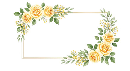 Illustration of watercolor yellow roses and foliage frame isolated on transparent background creates an elegant and romantic floral design