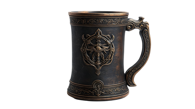 Medieval-inspired ornate brass and wood tankard with intricate celtic design