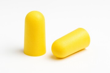 Two bright yellow foam earplugs on a clean white background noise reduction