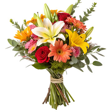A vibrant floral bouquet with various types of fresh cut flowers arranged beautifully isolated on a transparent background png
