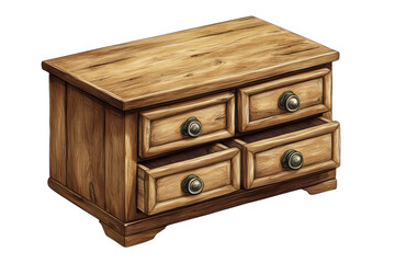Hand painted wooden dresser with character hinting at untold stories from a cozy bedroom on transparent background