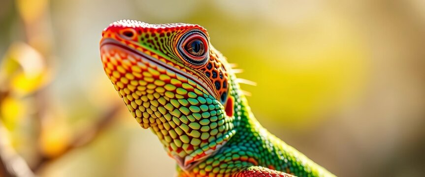 Close-up of a vibrant Calotes versicolor basking in sunlight,  close-up,  fauna