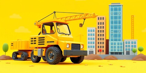 Naklejka premium Cute cartoon construction crane, yellow vehicle, and city buildings on a playful yellow background, infant, sweet