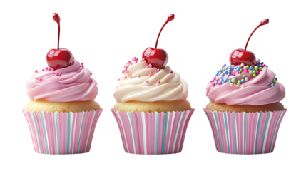 Assorted cherry-topped cupcakes with pink icing and sprinkles on striped liners