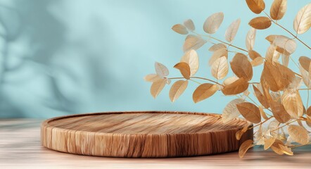 Abstract light blue gold podium, soft light on wood leaves, minimal product display