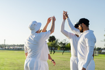Diverse male cricket teammates high-fiving on sunlit grass field wearing white cricket uniforms