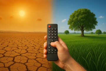 Hand holding remote control transitioning from dry cracked earth and hot sun to lush green field with trees