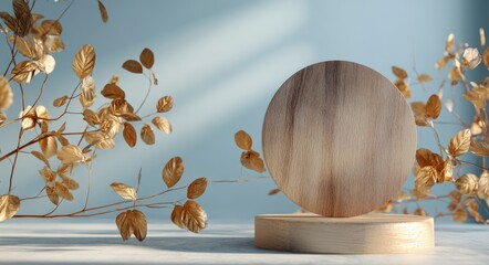 Minimal podium with light blue gold, wood leaves under soft light, product backdrop
