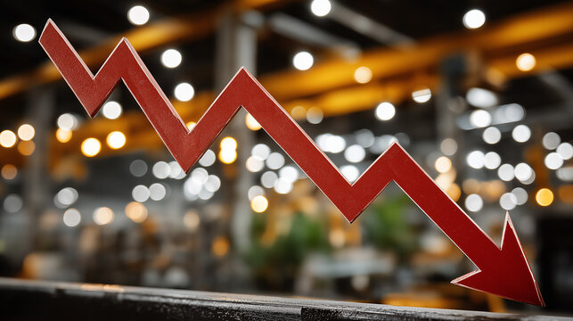 Red Arrow Down: A symbolic red arrow points sharply downwards, set against a softly blurred background of warm lighting and bokeh effects, representing decline, decrease, or downturn.