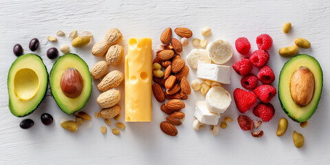 Verschiedene Lebensmittel aus Gem&uuml;se und Obst. Abwechslungsreiche Speisen. Gesunder Snack-Di&auml;tplan f&uuml;r Entgiftung. Hintergrund f&uuml;r Food Gesundheit Werbung
