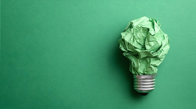 Green crumpled paper light bulb on green background, Corporate Social Responsibility (CSR), eco-friendly business and environmental concept