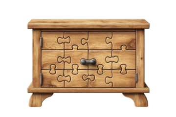 Discover the mystery of a rustic wooden cabinet with puzzle piece carvings unlocking on transparent background