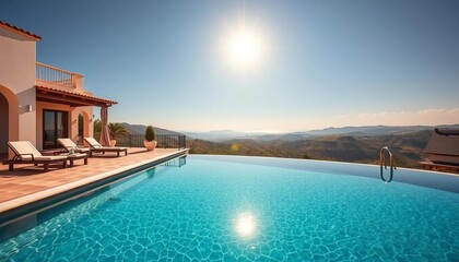 Fototapeta premium Sun-drenched Mediterranean villa, infinity pool, rolling hills, Tuscan, sun
