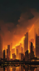 Obraz premium Cityscape at Dusk: The city's silhouette is dramatically rendered, with the warm glow of dusk illuminating the towering skyscrapers and reflecting in the water below.