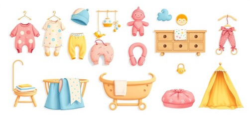 Fototapeta premium Vector illustrations of newborn clothes, accessories, cradle toys, nursery furniture & decorations Isolated on white, pillow, furniture