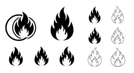 Illustration of collection of fire flame icons in various styles isolated on transparent background