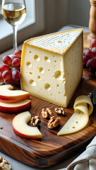 Gourmet Cheese Platter for Entertaining: Assorted Cheese Selection with Grapes, Apples and Nuts on Wooden Cutting Board - Perfect Wine and Cheese Pairing for Holiday Gatherings & Special Occasions