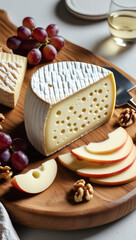 Jarlsberg Artisan Cheese Platter with Grapes, Walnuts, and Apple Slices on Wooden Board, Perfect for White Wine Pairing and Elegant Entertaining - A Delicious Holiday or Wine Tasting Appetizer