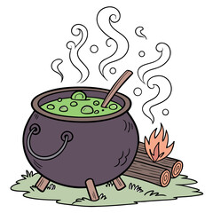 A bubbling green potion simmers in a large black cauldron over a small campfire with swirling steam and bubbles rising into the air