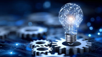 Abstract illustration of shining bulb floating above layered gears, blue tech background filled with glowing circuit patterns, symbolizing digital innovation and smart engineering