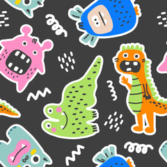Seamless pattern with monsters. Cute colorful monsters on dark backgrounds. Pattern for stationary, wear, kids, pajamas and other things.