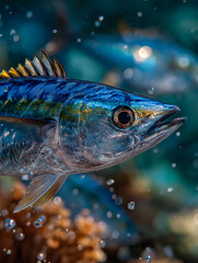 Fototapeta premium Vibrant Fish in the Deep: A stunning close-up showcases the vivid beauty of a fish in its underwater habitat, capturing the intricate details of its scales, fins, and piercing gaze.