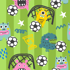 PrintMonsters play in football, seamless pattern vector design