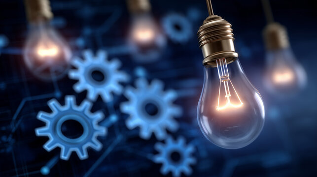 Warm-toned glowing bulb lights up complex gear system on blueprint background, combining the visual language of invention, engineering, and development planning