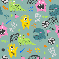 Monsters play in football. Cute pattern with monsters, soccer ball, stars, goal and other elements. Background for textile, fabric, kids, stationery, boy, wear, clothes and other design.