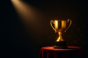 Glowing gold trophy on a velvet podium, dramatically lit with ample negative space and bokeh.