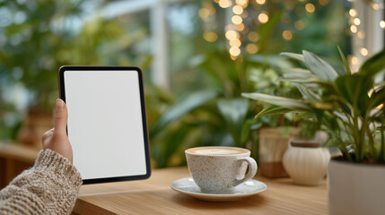 Casual workspace with female hand operating tablet with blank screen, latte cup and plant in background, suggesting peaceful, tech-friendly environment for multitasking
