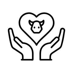 Animal welfare and protection concept showing hands holding a heart with a cow inside icon