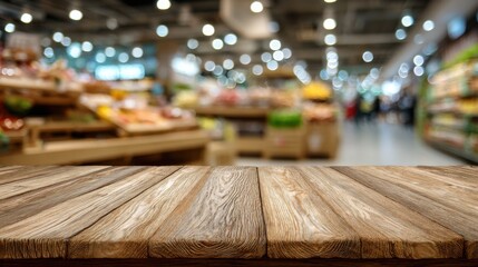 A 4K photo of empty wooden table in a blurry supermarket.