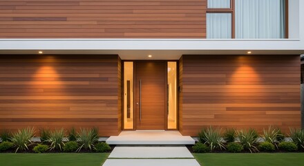 Modern Wooden House Exterior Entrance with Landscaping and Warm Lighting