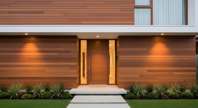 Modern Wooden House Exterior Entrance with Landscaping and Warm Lighting