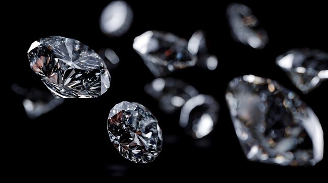 Sparkling diamonds falling in midair over pure black background, brilliant clarity and reflections visible in closeup. Concept of luxury jewelry and precious gemstone beauty.
