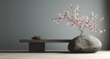 Zen-style minimalist interior: elegant rock and sakura tree on table, grey backdrop.
