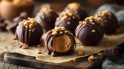 Homemade chocolate covered peanut butter balls arranged on rustic parchment paper, sweet delicious treat perfect for dessert or gifting. Concept of comforting confectionery and indulgent snack.
