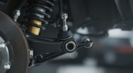 Car suspension system with shock absorber and control arm close-up  