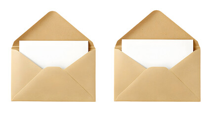 Two open beige envelopes with blank cards on white background