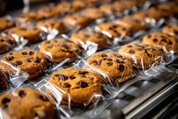 Rows of packaged chocolate chip cookies, food processing, ready for shipping