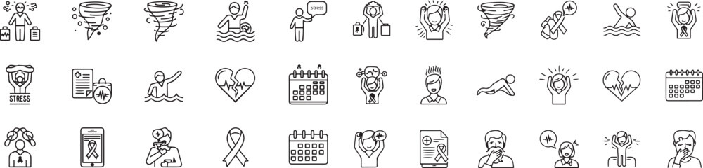 Activity and Emotion Line Icon Set. Vector pictograms of running, skateboarding, shopping, fitness, heart symbols, speech bubble, wellness and lifestyle concepts, thin linear illustration