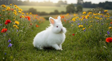 White rabbit sitting in flower field on sunny spring day  
