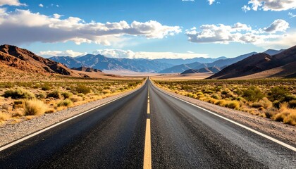 Straight road through desert landscape