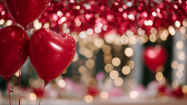 Elegant party decor with shiny red balloons cascading down from ceiling installation, blurred warm background filled with laughter, light, and festive decor