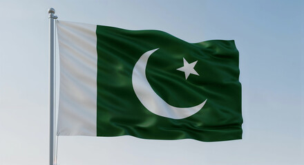 Waving Pakistani National Flag on Pole Against Clear Sky