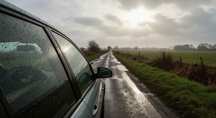 Car parked on rainy road with reflections and overcast sky  