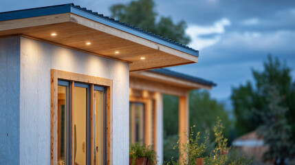 Side angle of contemporary home corner roof with visible thick insulation wrap beneath exterior cladding, rainwater drainpipe, and smart outdoor lighting, showcasing energy-saving